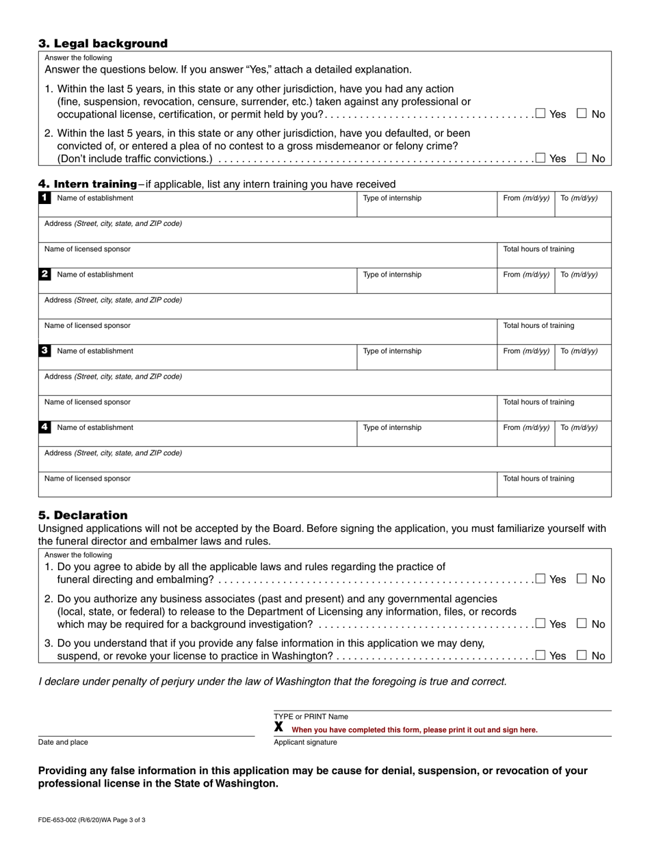 Form FDE-653-002 Funeral Director / Embalmer License Application - Washington, Page 3