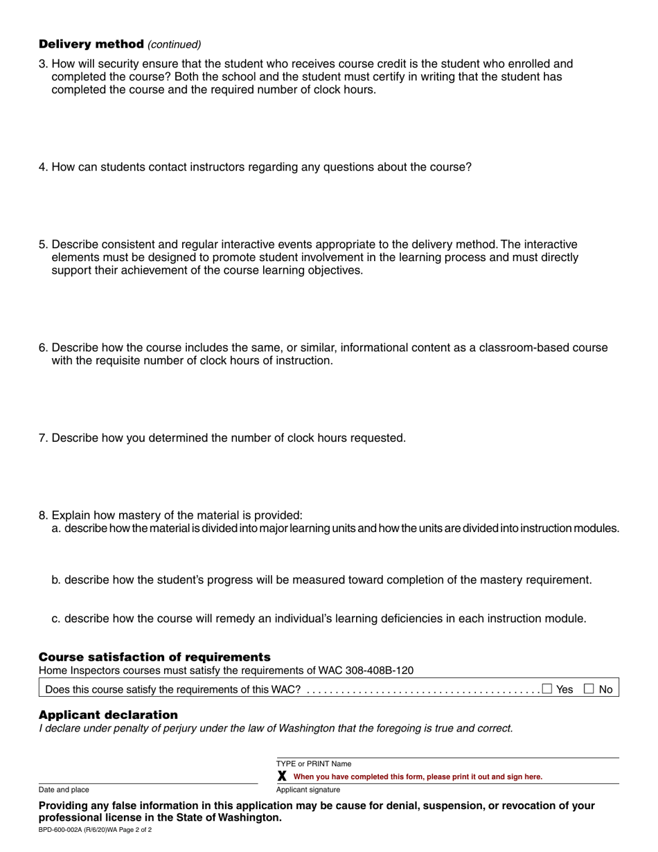 Form BPD-600-002A Home Inspector Distance Education Delivery Method Application - Washington, Page 2