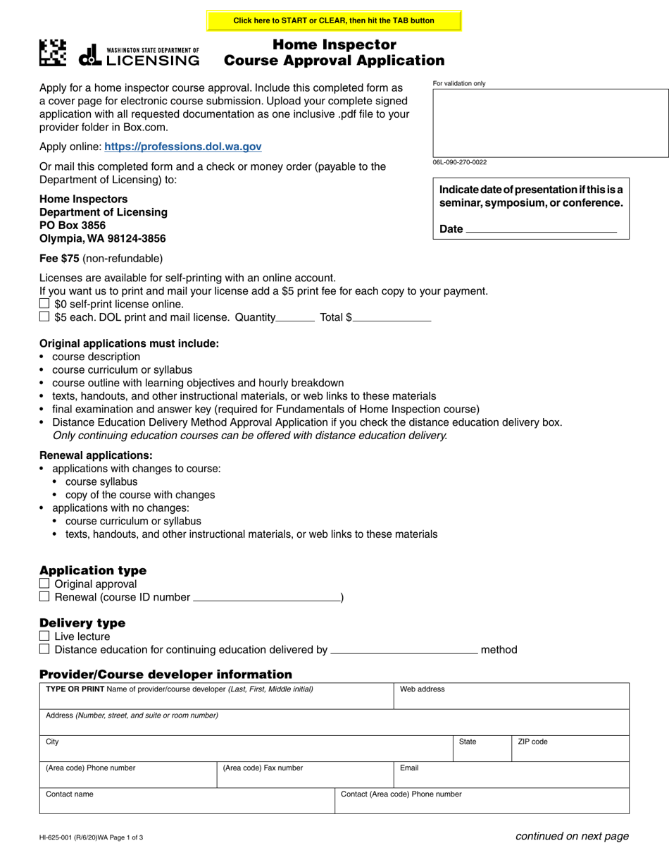 Form HI-625-001 Home Inspector Course Approval Application - Washington, Page 1