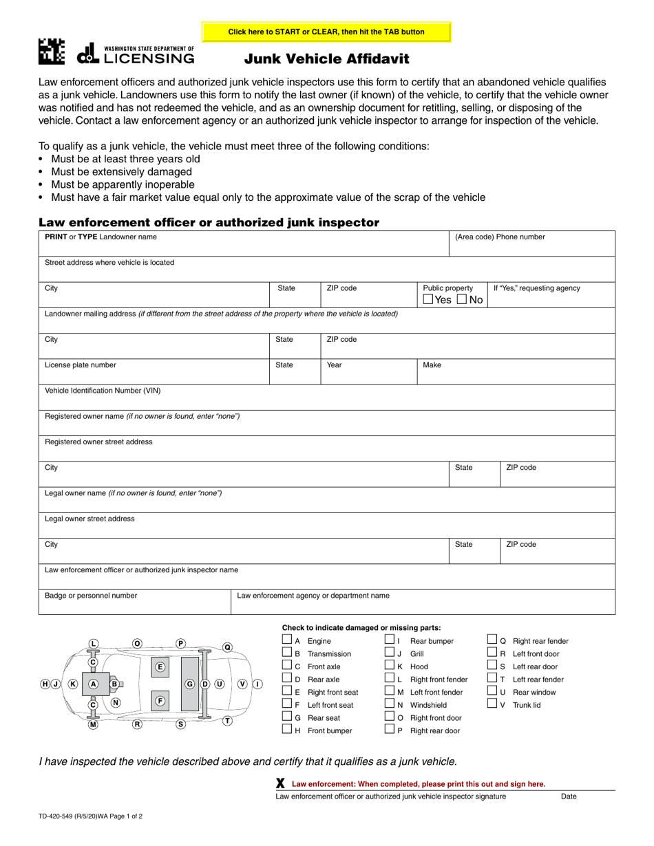 Form TD-420-549 Junk Vehicle Affidavit - Washington, Page 1