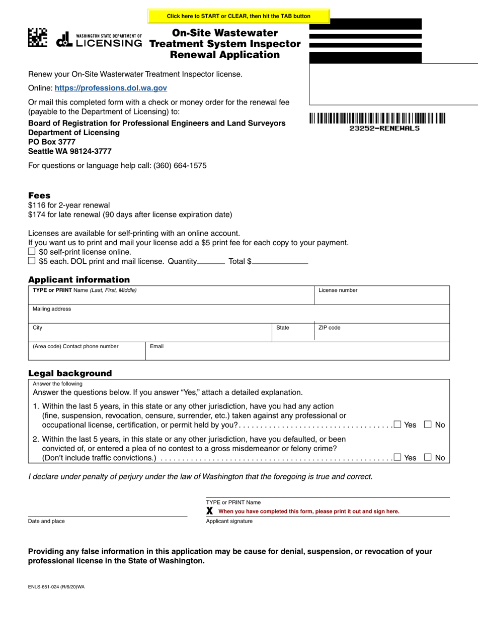 Form ENLS-651-024 On-Site Wastewater Treatment System Inspector Renewal Application - Washington, Page 1