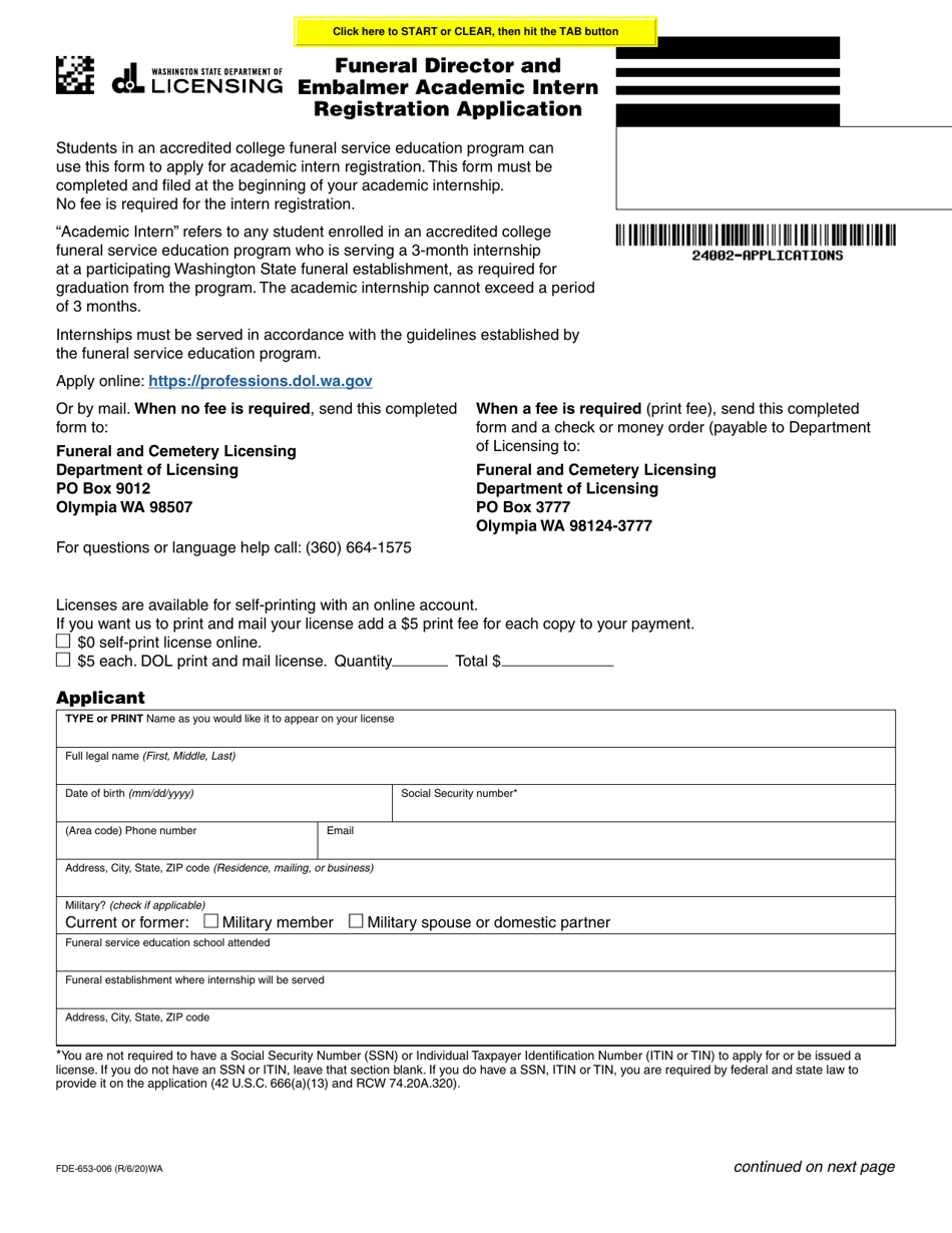 Form FDE-653-006 Funeral Director and Embalmer Academic Intern Registration Application - Washington, Page 1