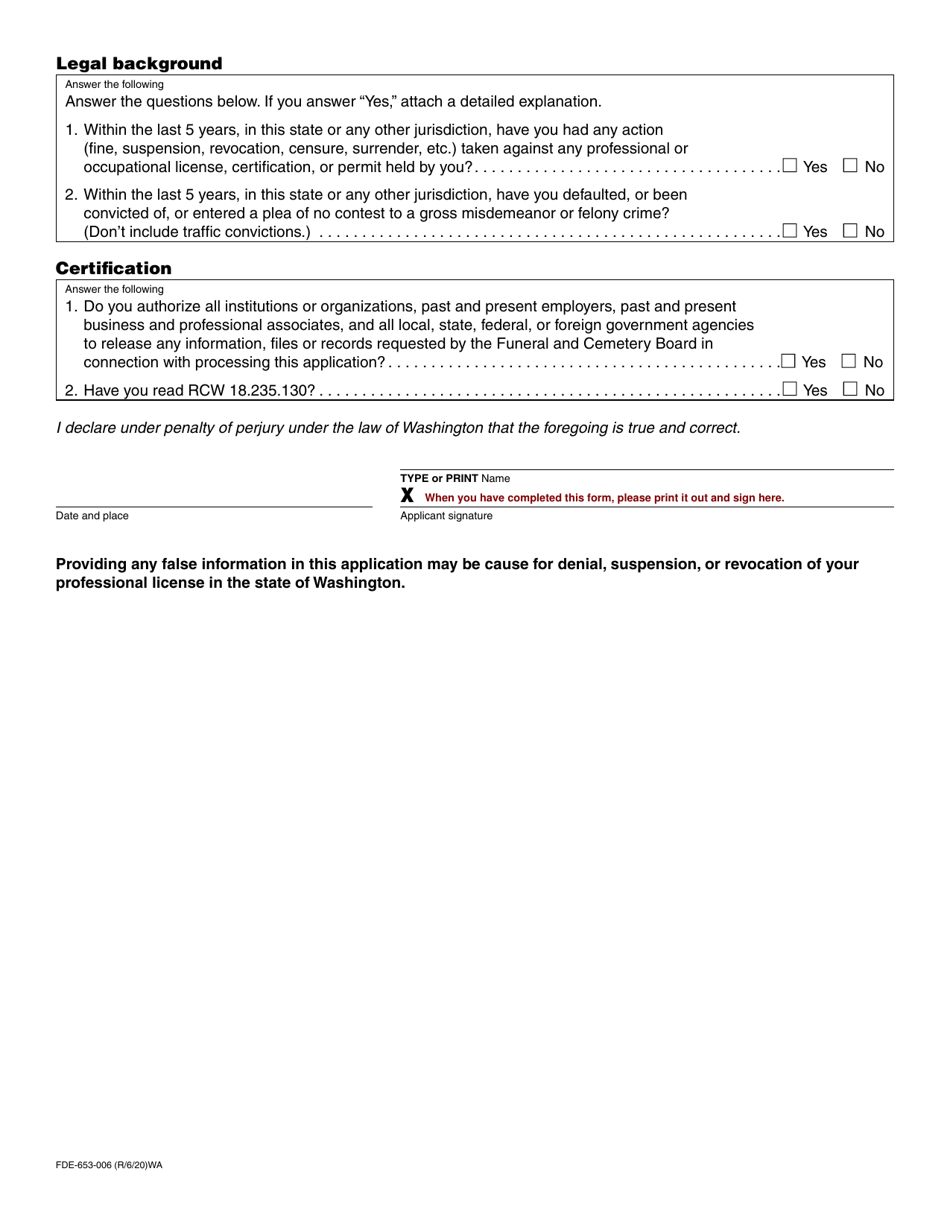 Form FDE-653-006 Funeral Director and Embalmer Academic Intern Registration Application - Washington, Page 2