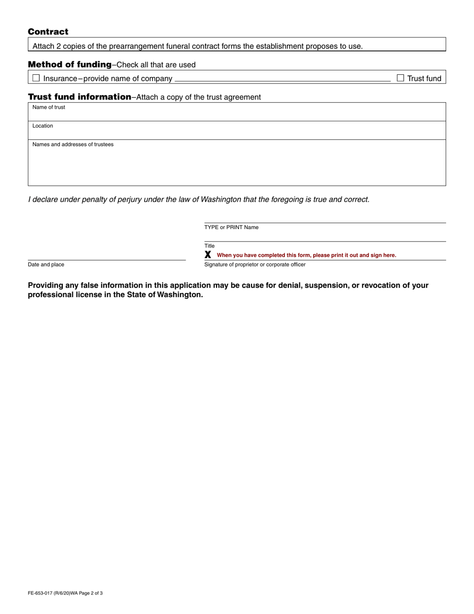Form FE-653-017 Prearrangement Funeral Registration Application - Washington, Page 2