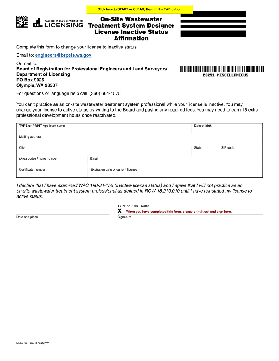 Form ENLS-651-029 On-Site Wastewater Treatment System Designer License Inactive Status Affirmation - Washington, Page 1