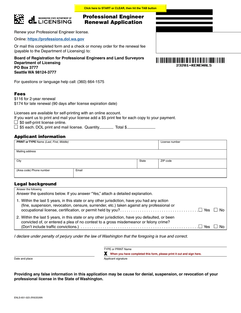 Form ENLS-651-023 Professional Engineer Renewal Application - Washington, Page 1