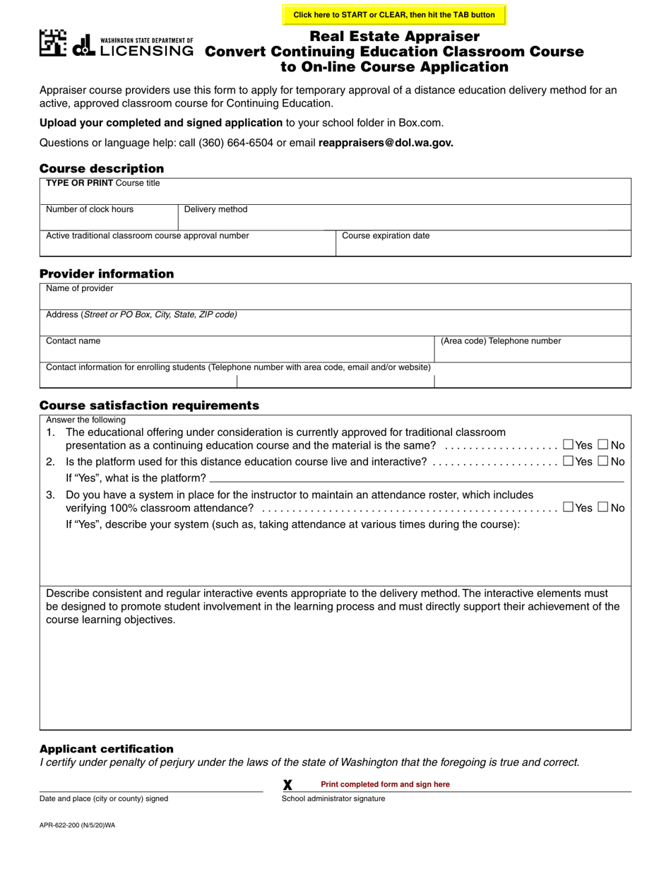 Form APR-622-200 Real Estate Appraiser Convert Continuing Education Classroom Course to on-Line Course Application - Washington, Page 1