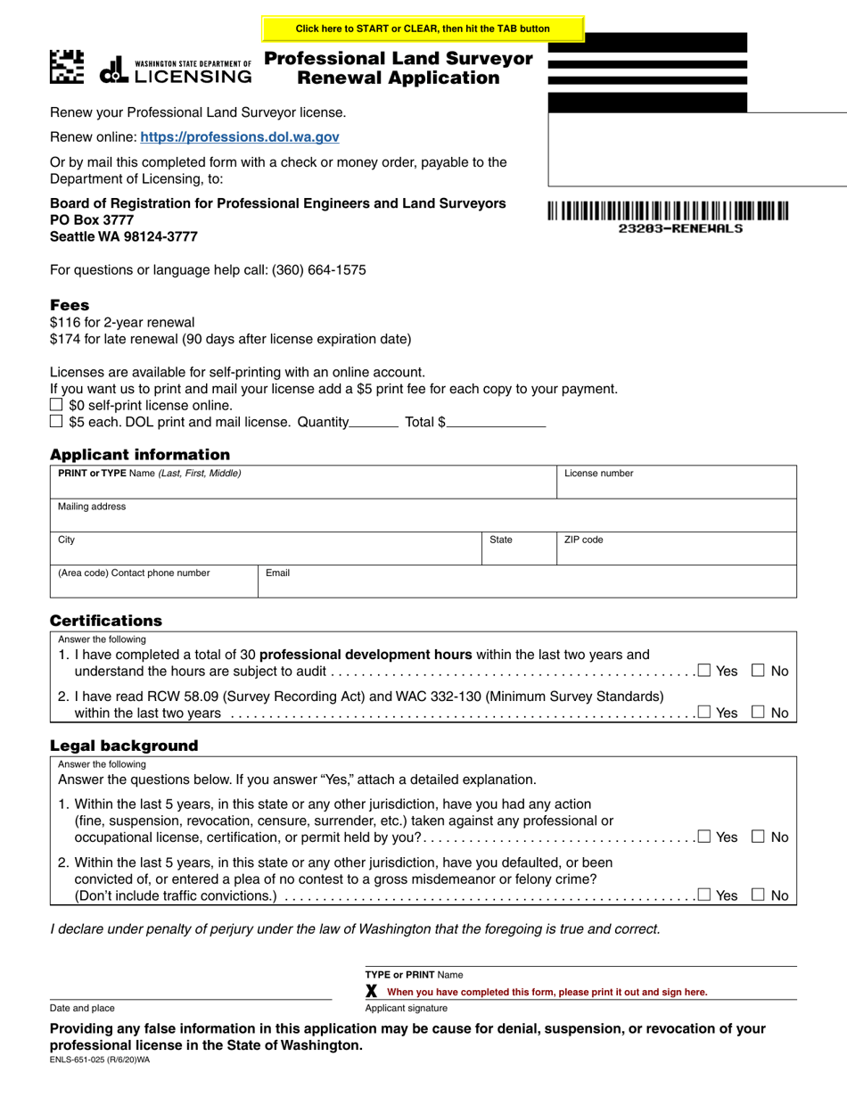 Form Enls 651 025 Download Fillable Pdf Or Fill Online Professional Land Surveyor Renewal Application Washington Templateroller
