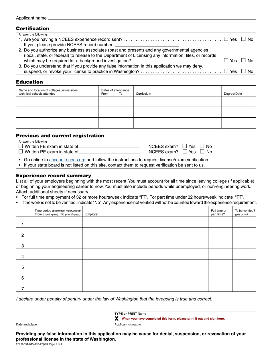 Form ENLS-651-015 Professional Engineer Registration Application - Washington, Page 2