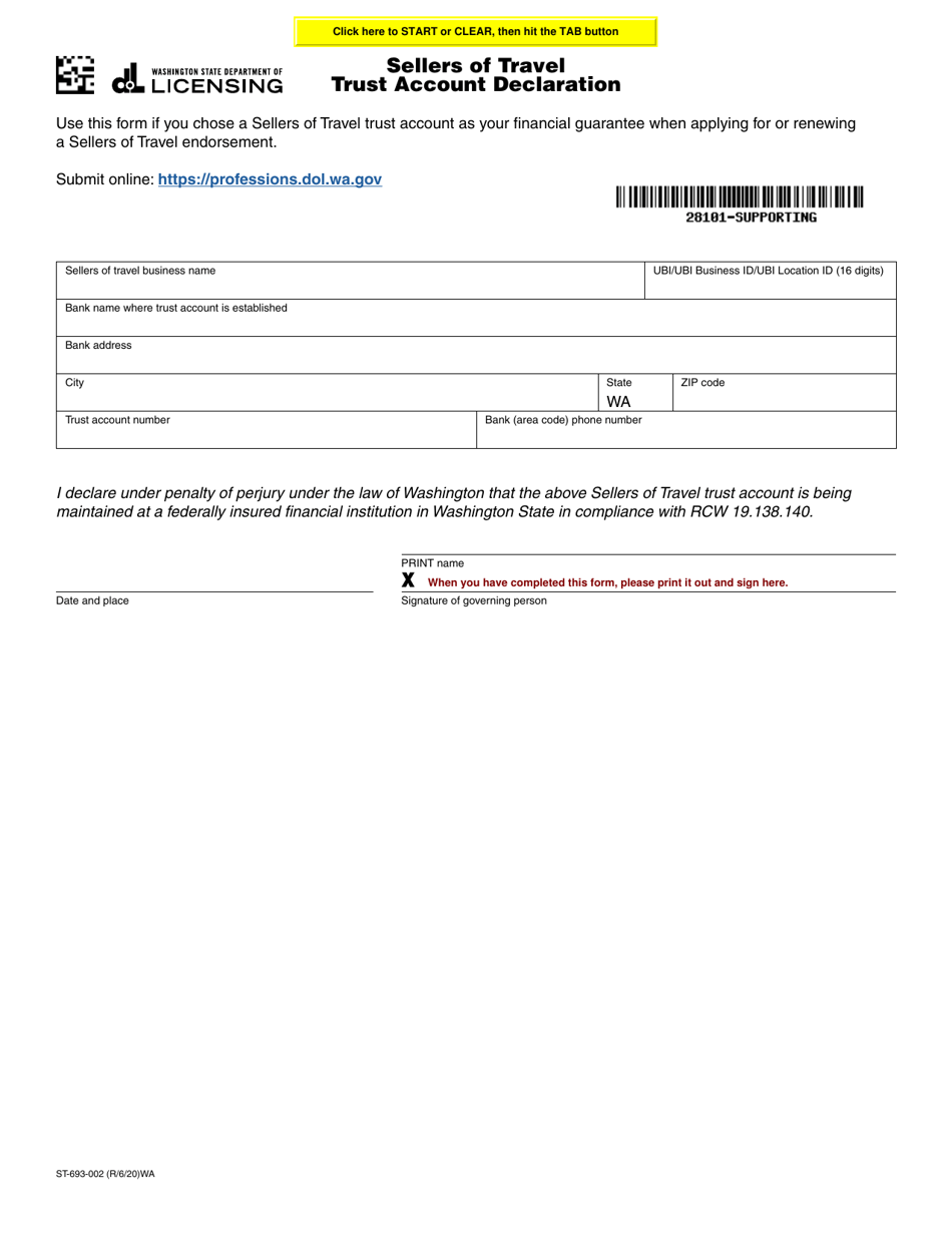 Form ST-693-002 Sellers of Travel Trust Account Declaration - Washington, Page 1