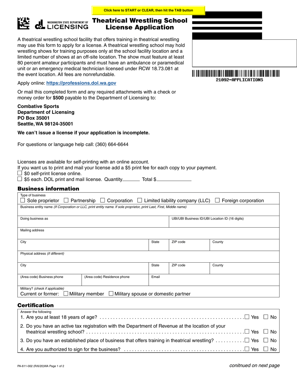 Form PA-611-002 Theatrical Wrestling School License Application - Washington, Page 1