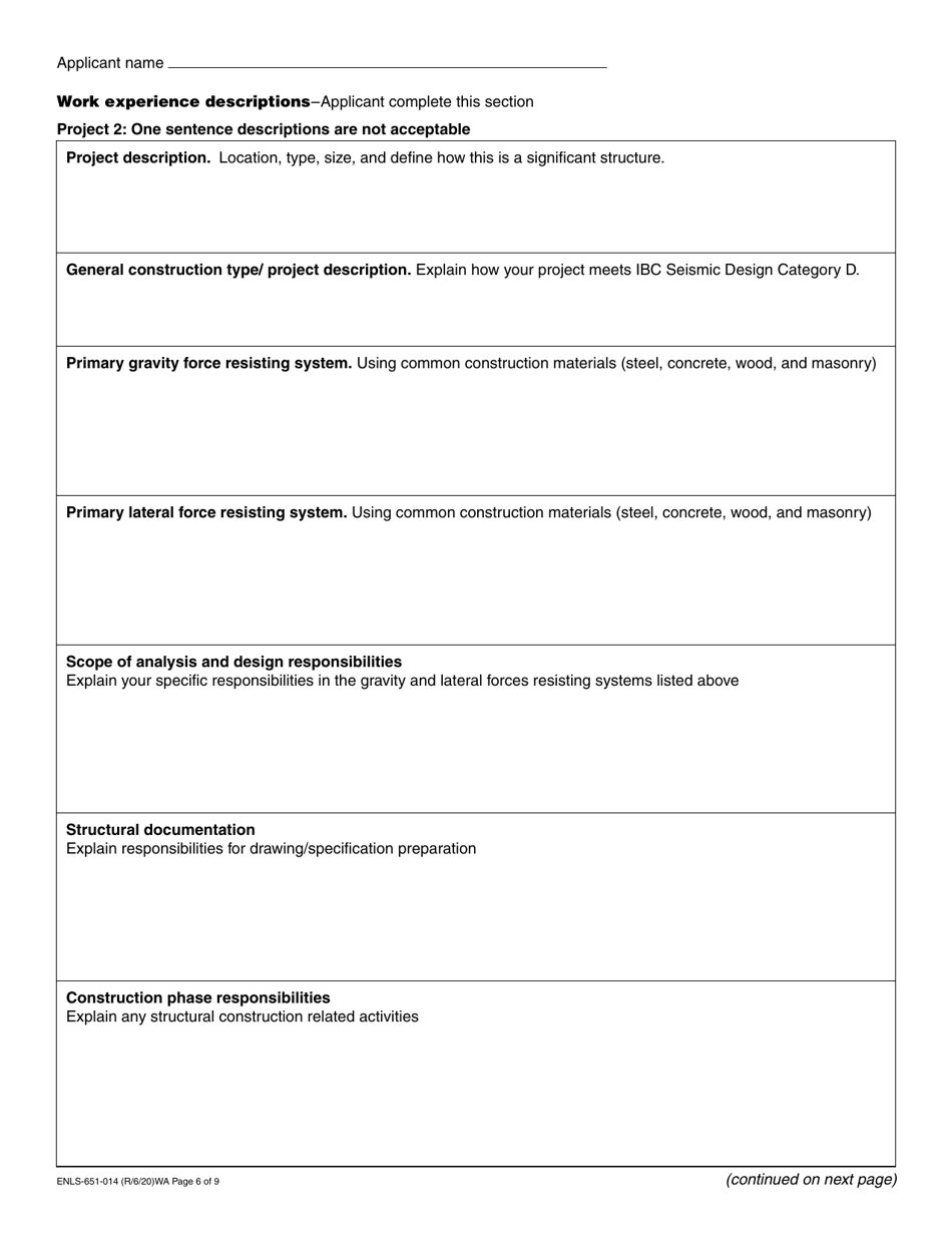 Form ENLS-651-014 Structural Engineer Registration Application - Washington, Page 6
