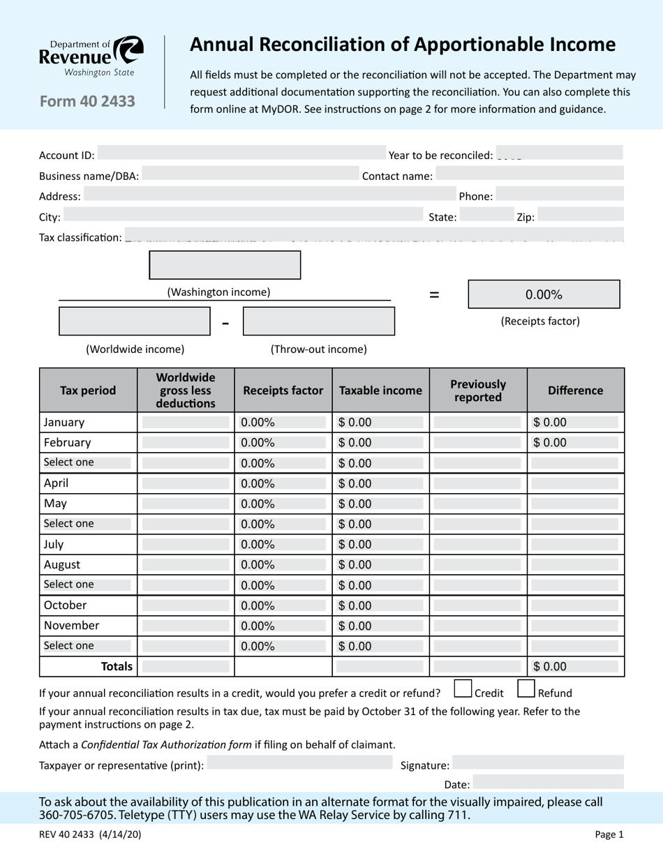 Form 40 2433 Annual Reconciliation of Apportionable Income - Washington, Page 1