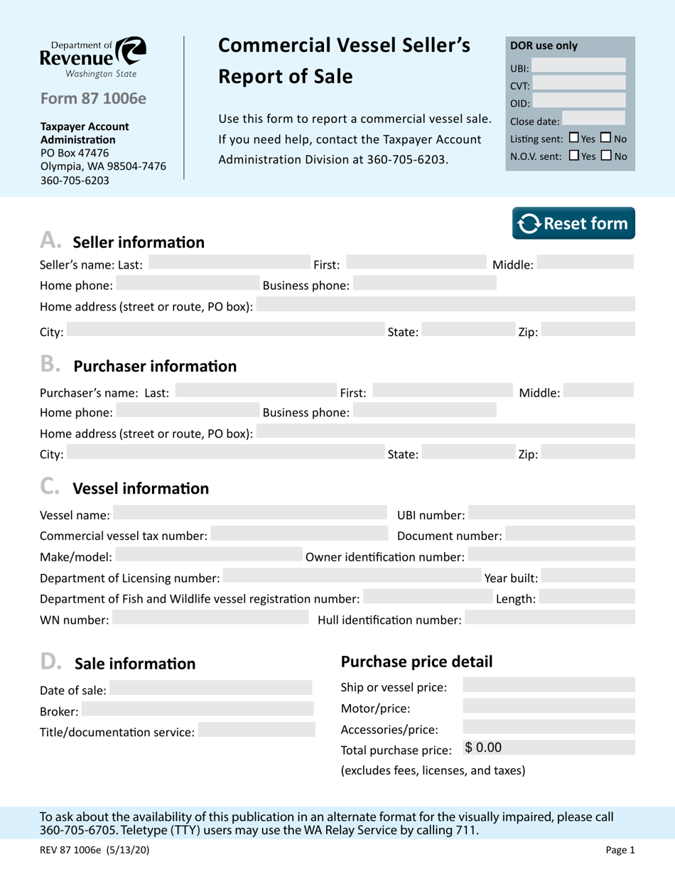 Form REV87 1006E Download Fillable PDF or Fill Online Commercial Vessel ...