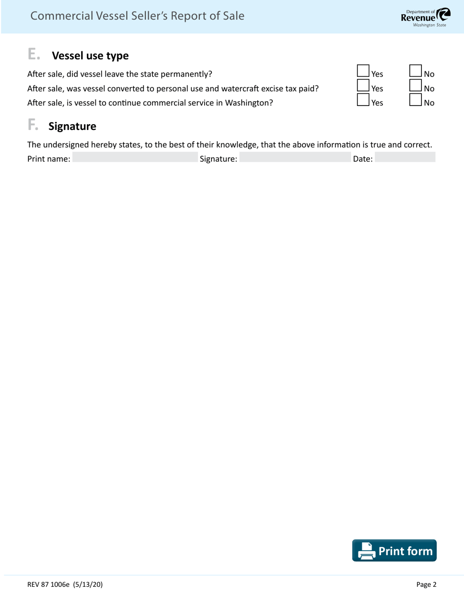 Form REV87 1006E Commercial Vessel Sellers Report of Sale - Washington, Page 2