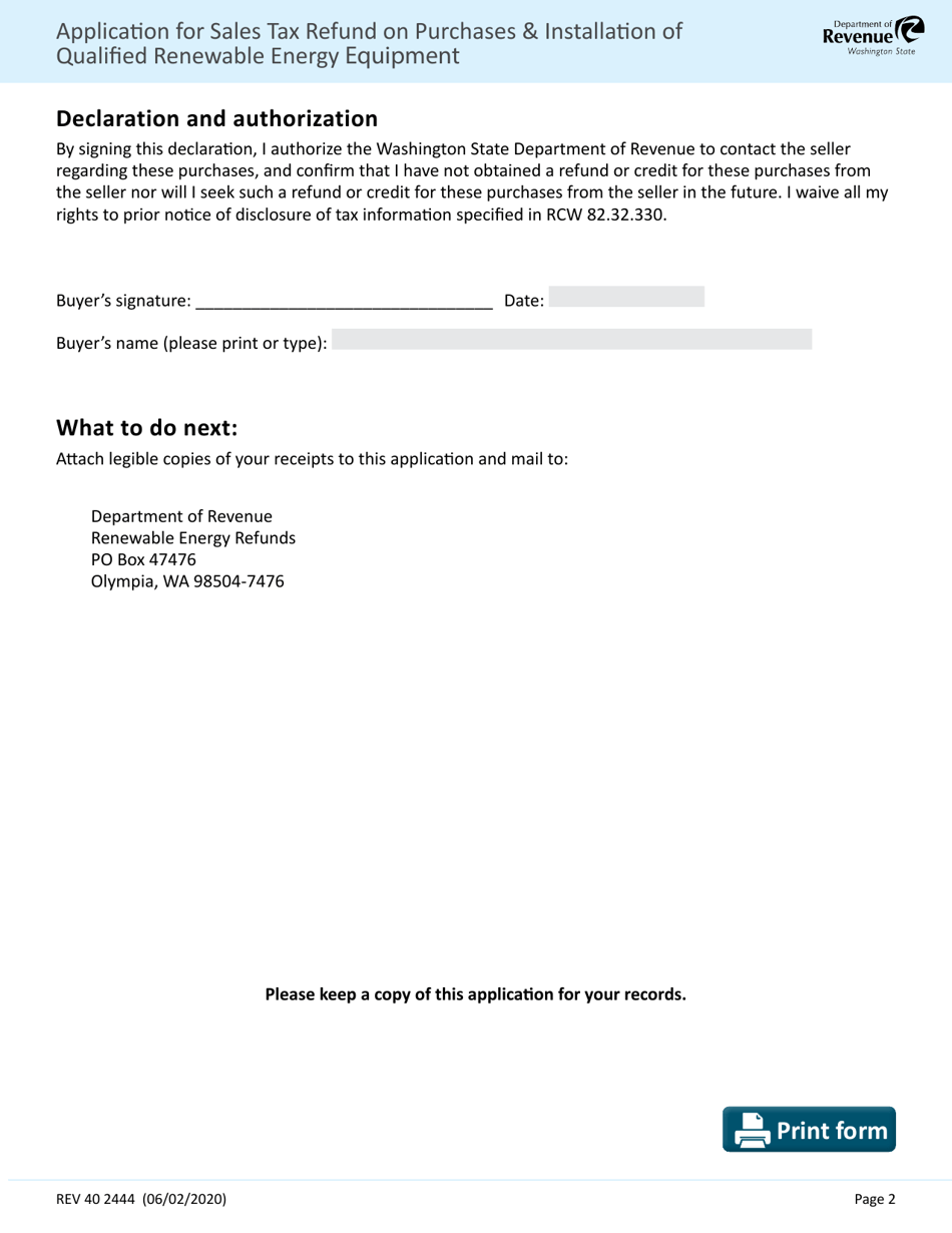 Form REV40 2444 Application for Sales Tax Refund on Purchases  Installation of Qualified Renewable Energy Equipment - Washington, Page 2