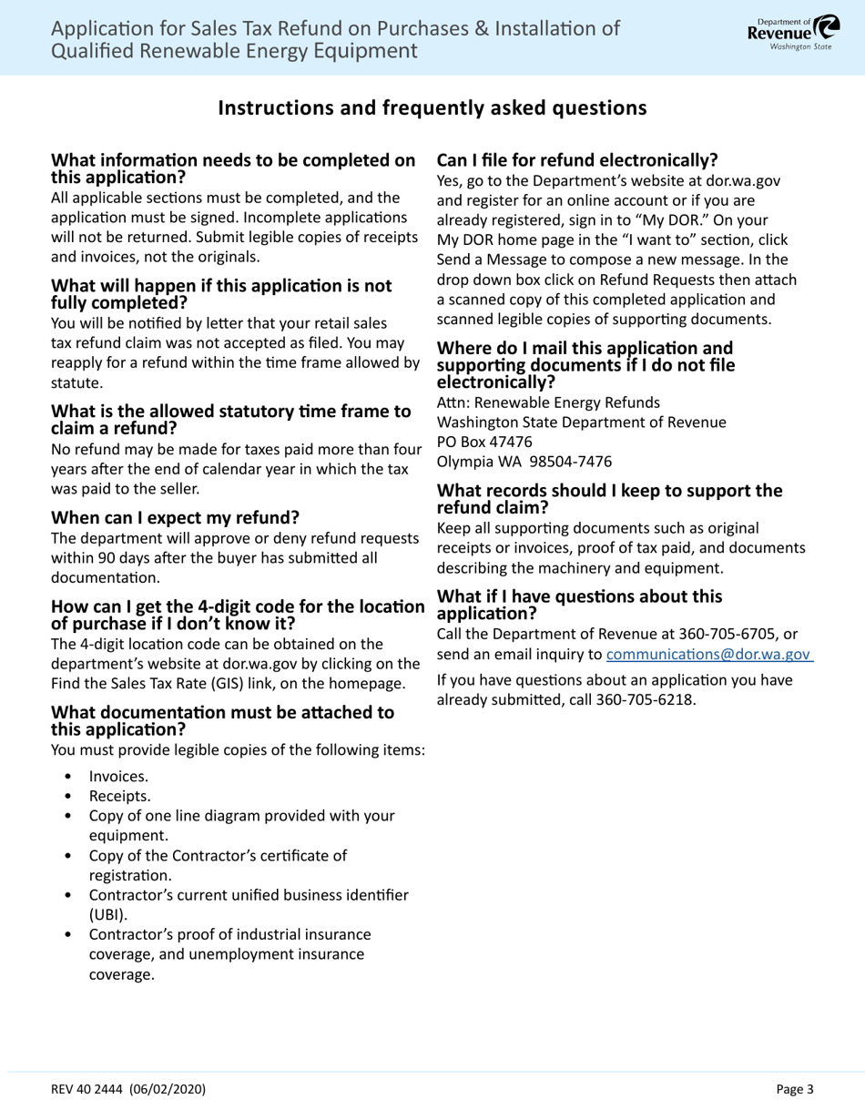 Form REV40 2444 Application for Sales Tax Refund on Purchases  Installation of Qualified Renewable Energy Equipment - Washington, Page 3