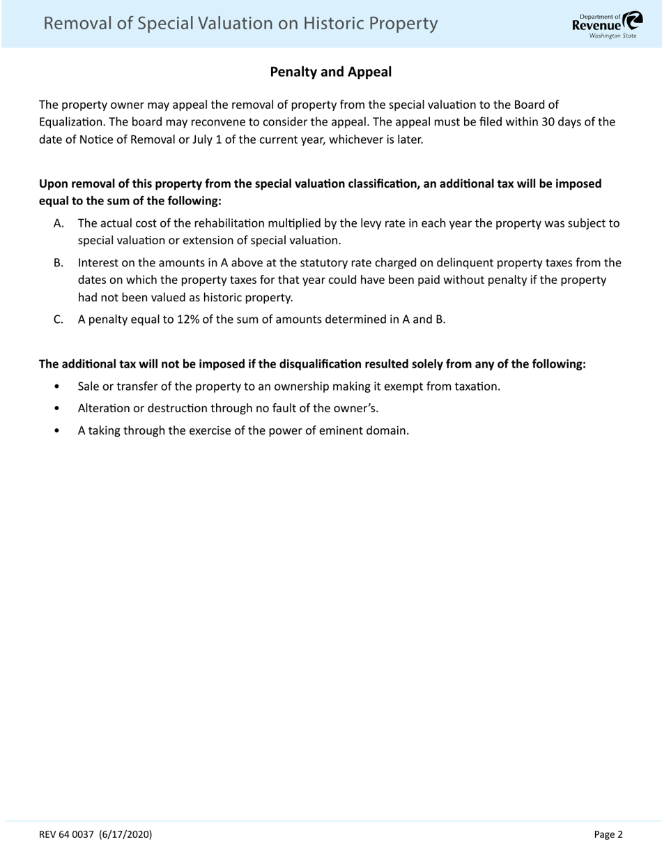 Form REV64 0037 Removal of Special Valuation on Historic Property - Washington, Page 2