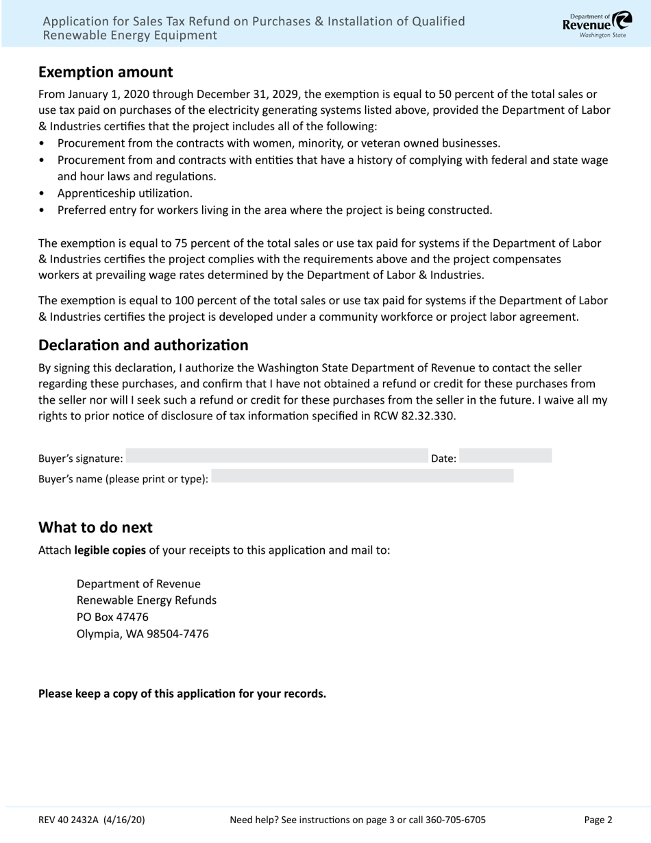 Form REV40 2432A Application for Sales Tax Refund on Purchases  Installation of Qualified Renewable Energy Equipment - Washington, Page 2