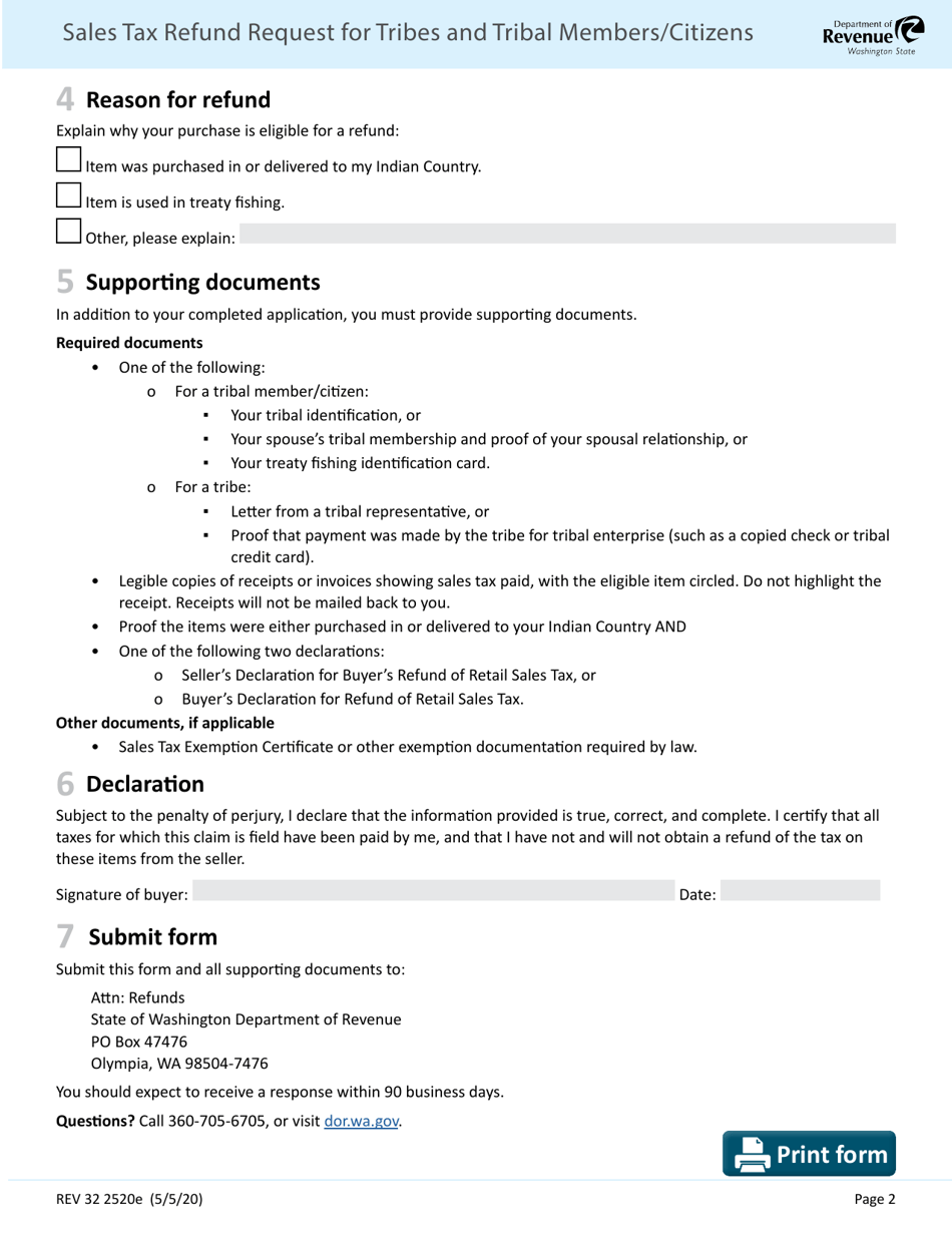 Form 32 2520E Sales Tax Refund Request for Tribes and Tribal Members / Citizens - Washington, Page 2