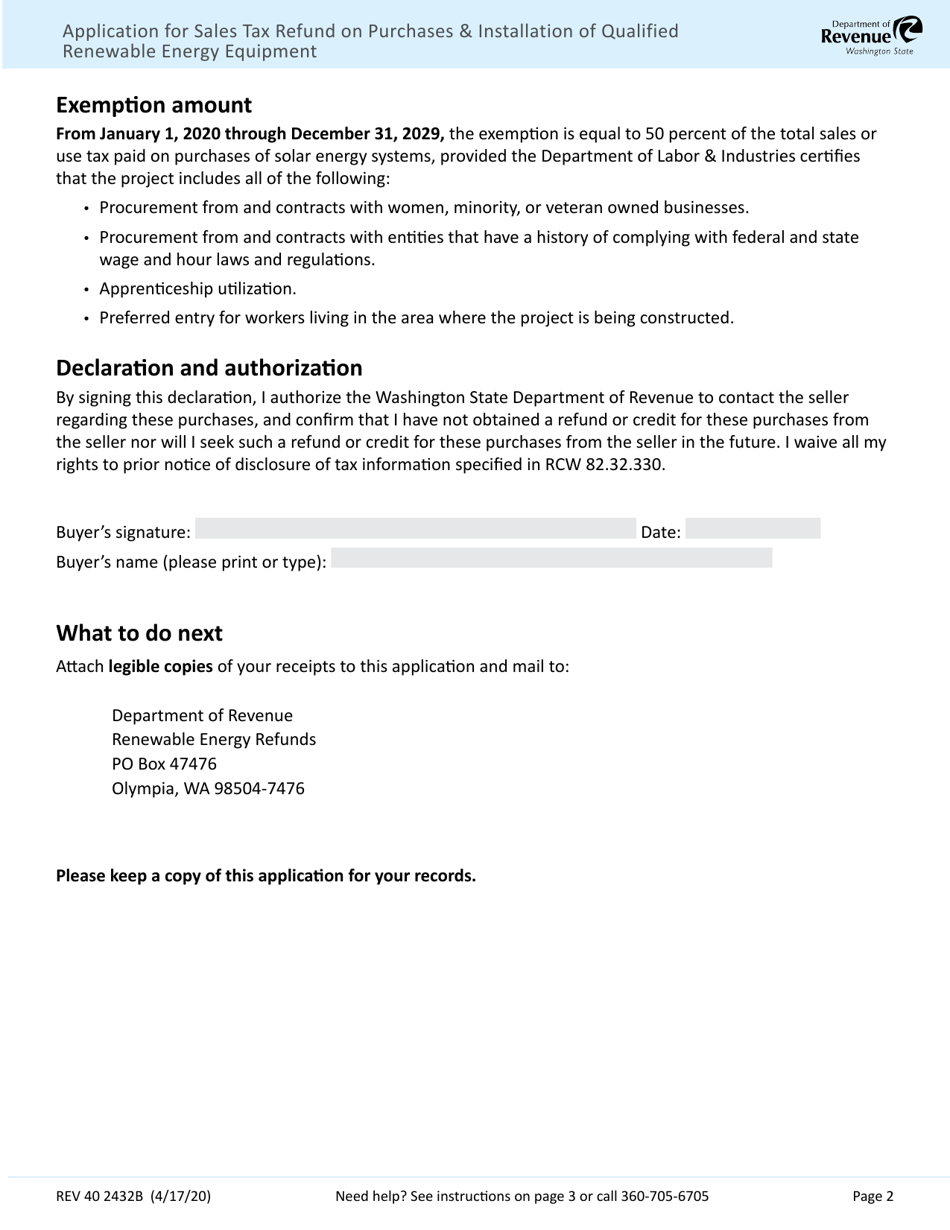 Form 40 2432B Application for Sales Tax Refund on Purchases  Installation of Qualified Renewable Energy Equipment - Washington, Page 2