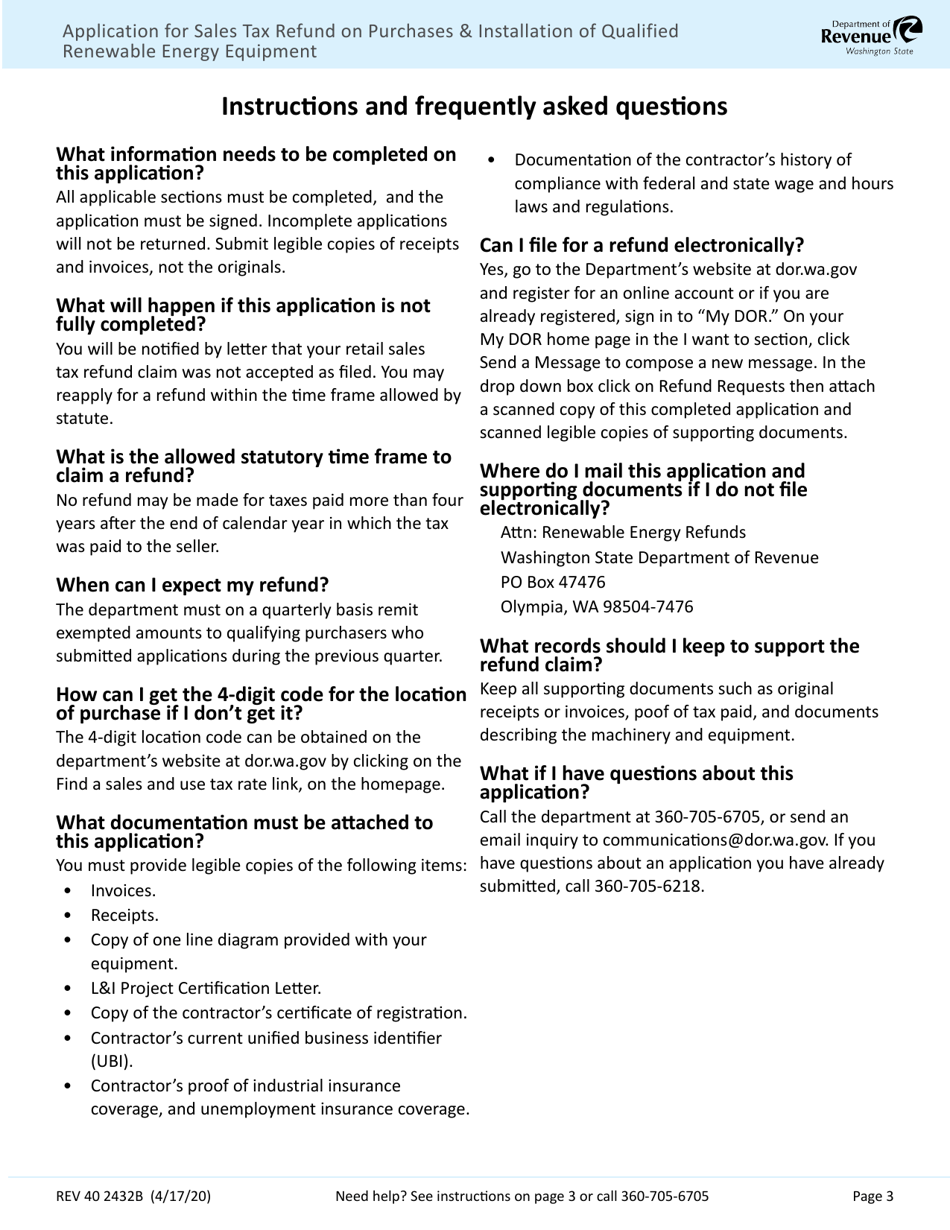 Form 40 2432B Application for Sales Tax Refund on Purchases  Installation of Qualified Renewable Energy Equipment - Washington, Page 3