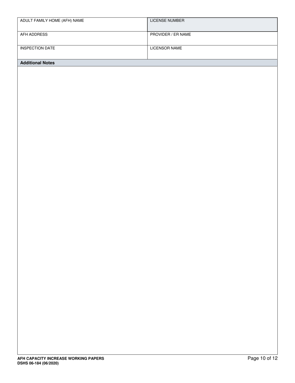 DSHS Form 06-184 Afh Capacity Increase Working Papers - Washington, Page 10