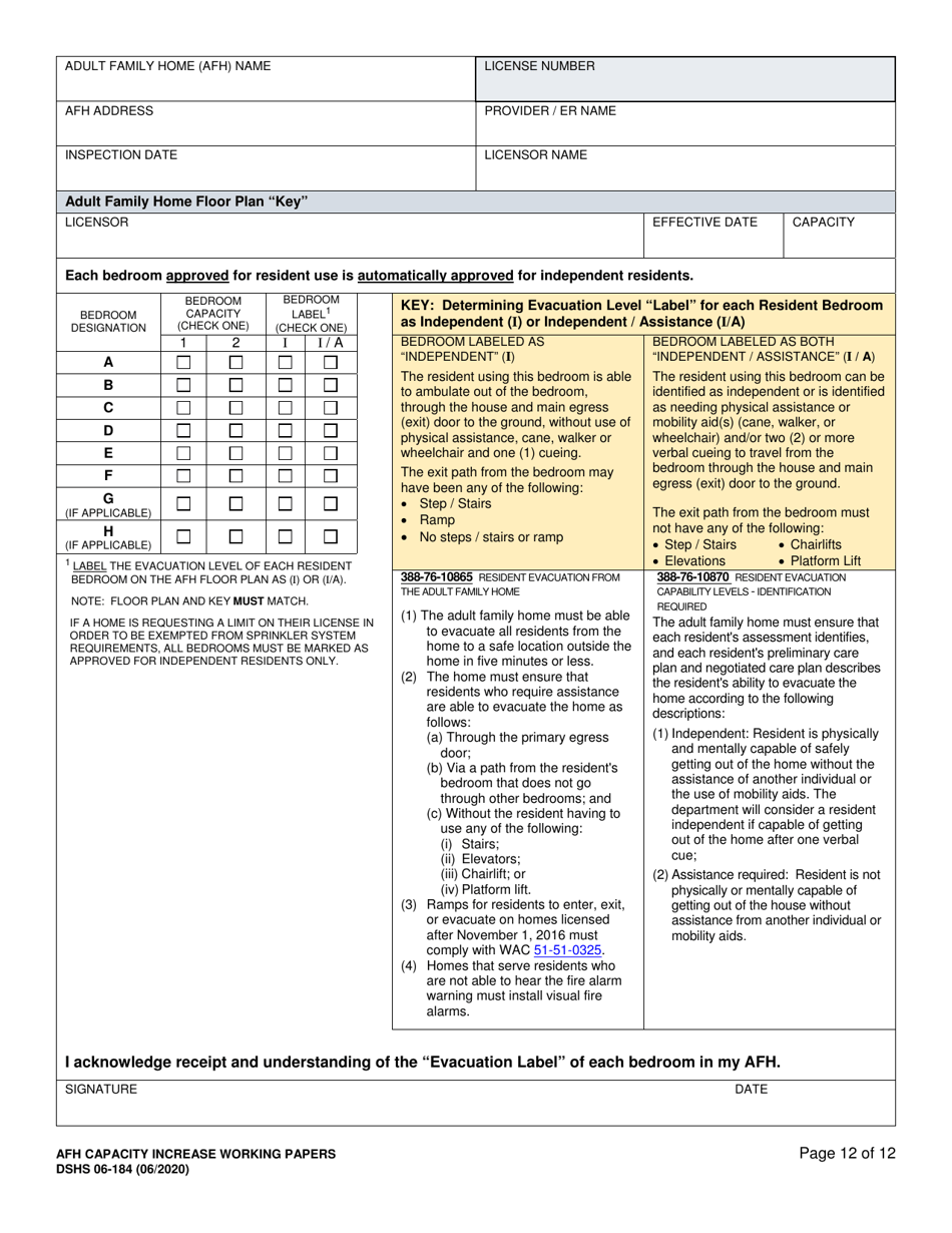 DSHS Form 06-184 Afh Capacity Increase Working Papers - Washington, Page 12