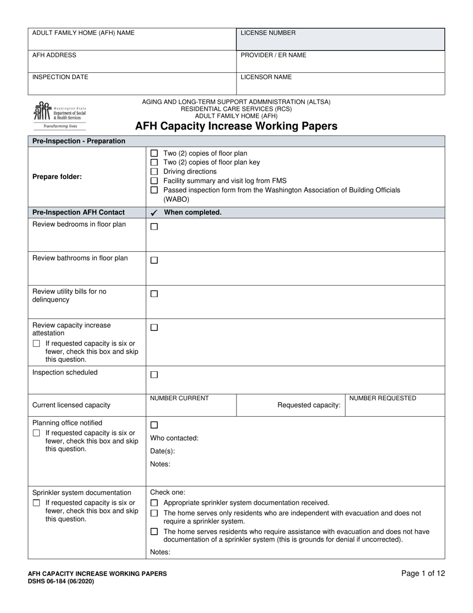 DSHS Form 06-184 Afh Capacity Increase Working Papers - Washington, Page 1