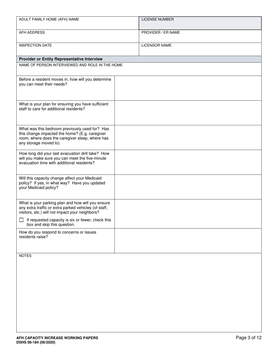 DSHS Form 06-184 Afh Capacity Increase Working Papers - Washington, Page 3