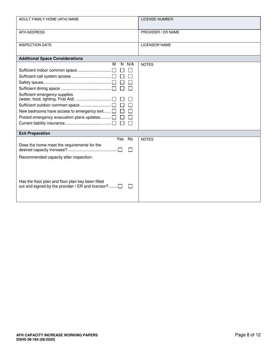 DSHS Form 06-184 Afh Capacity Increase Working Papers - Washington, Page 8