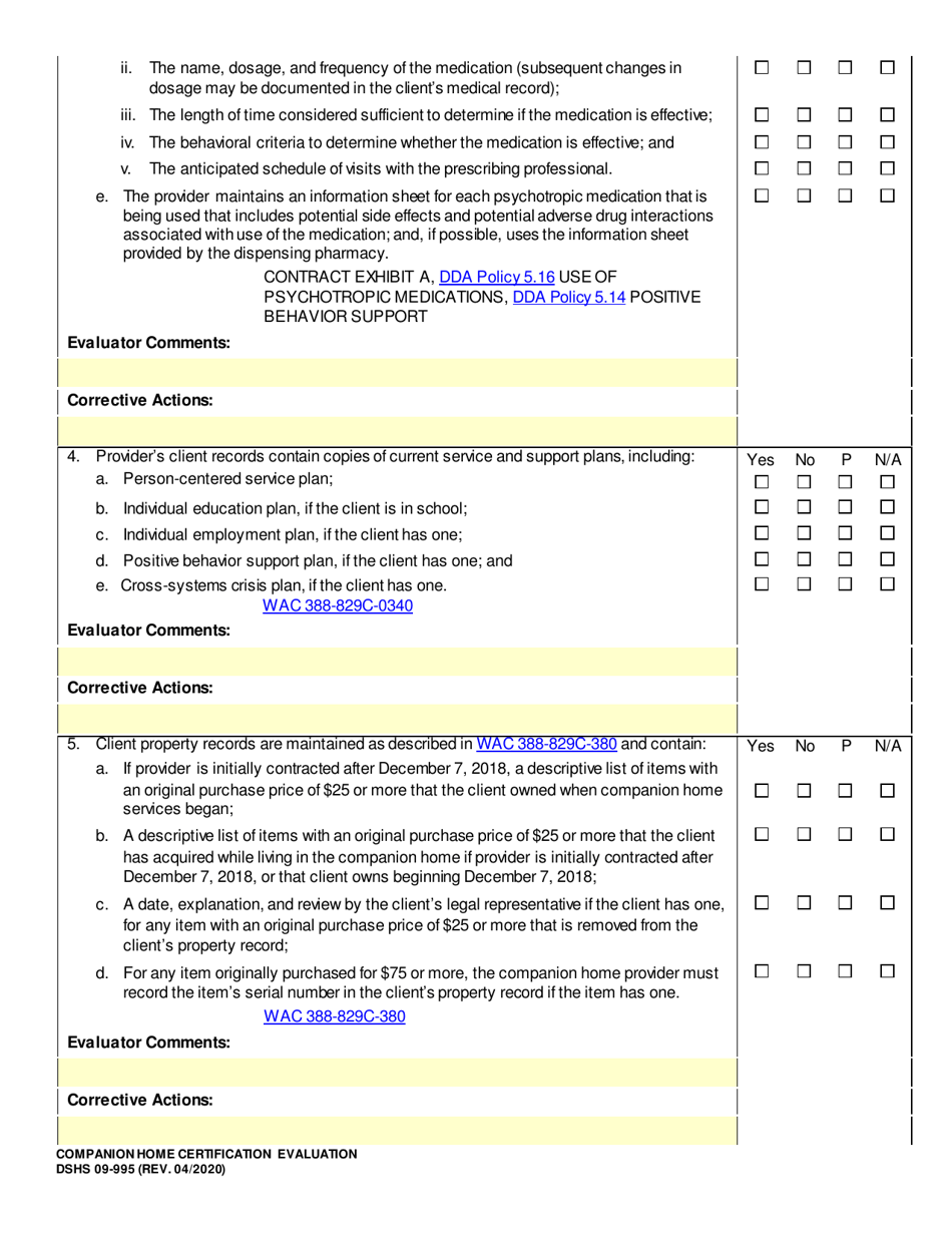 DSHS Form 09-995 Companion Home Certification Evaluation - Washington, Page 10
