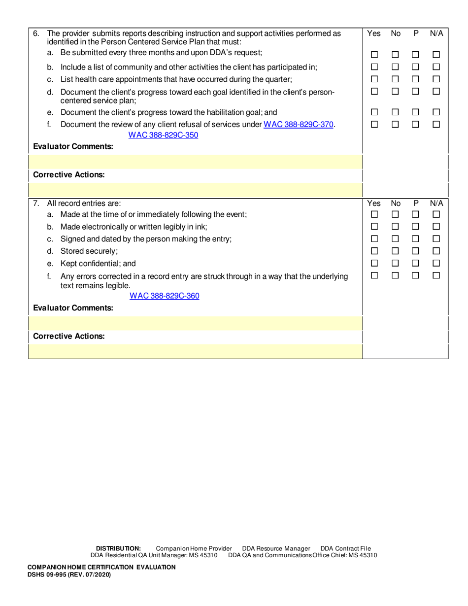 DSHS Form 09-995 Companion Home Certification Evaluation - Washington, Page 11
