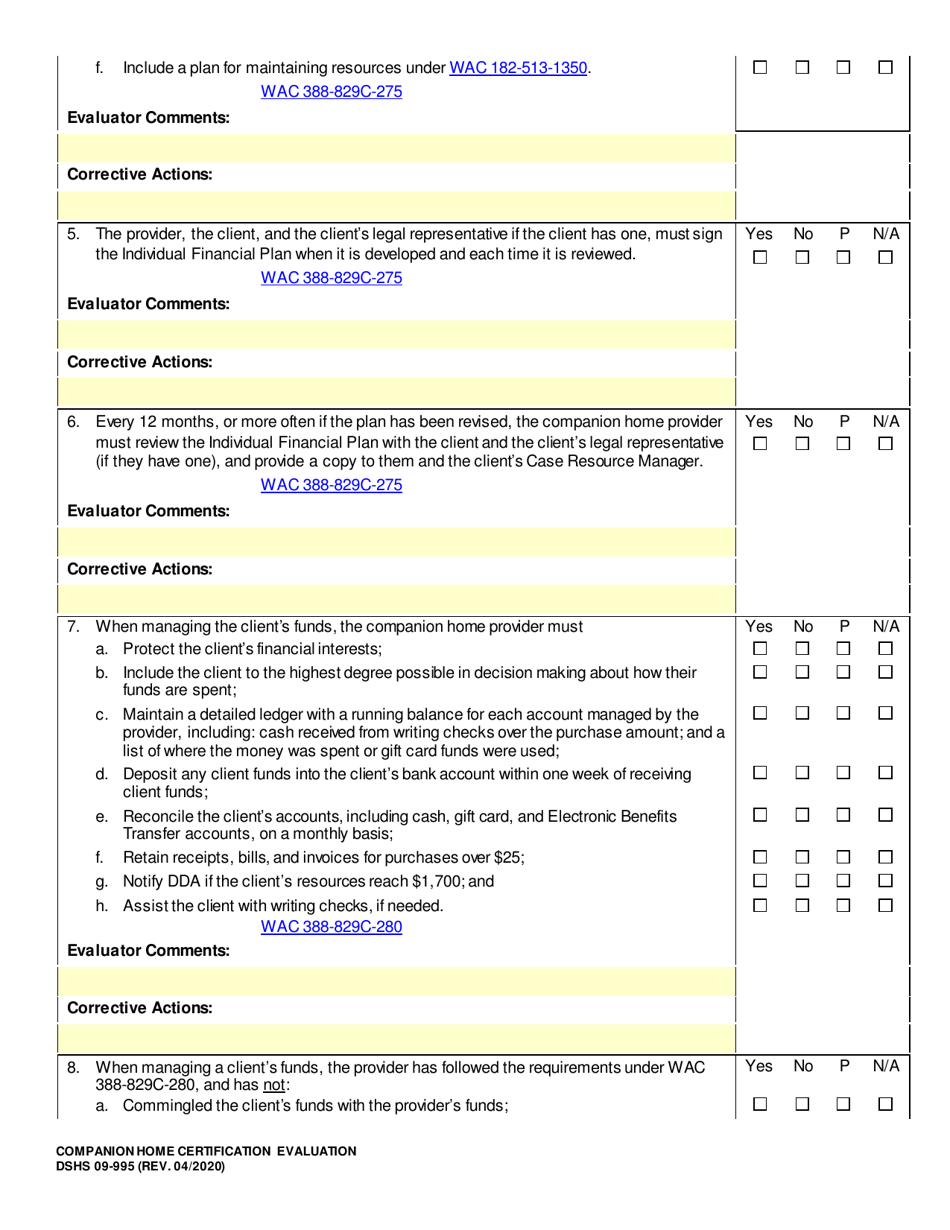 DSHS Form 09-995 Companion Home Certification Evaluation - Washington, Page 18