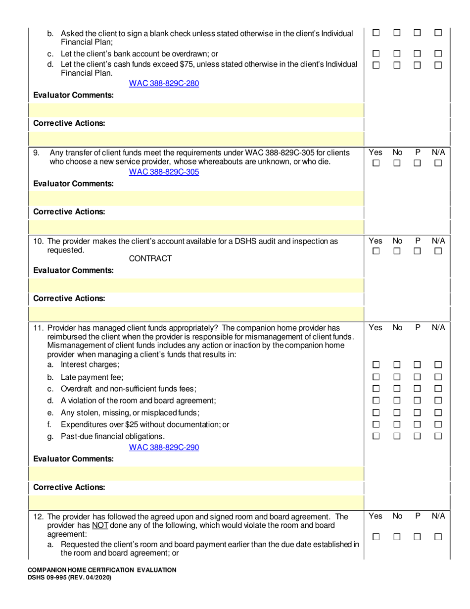 DSHS Form 09-995 Companion Home Certification Evaluation - Washington, Page 19