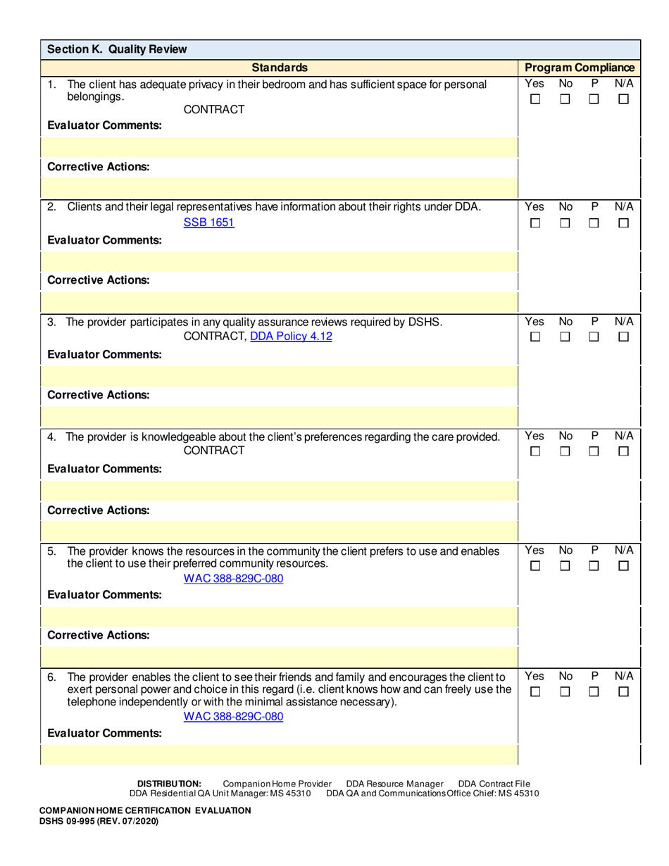 DSHS Form 09-995 Companion Home Certification Evaluation - Washington, Page 21