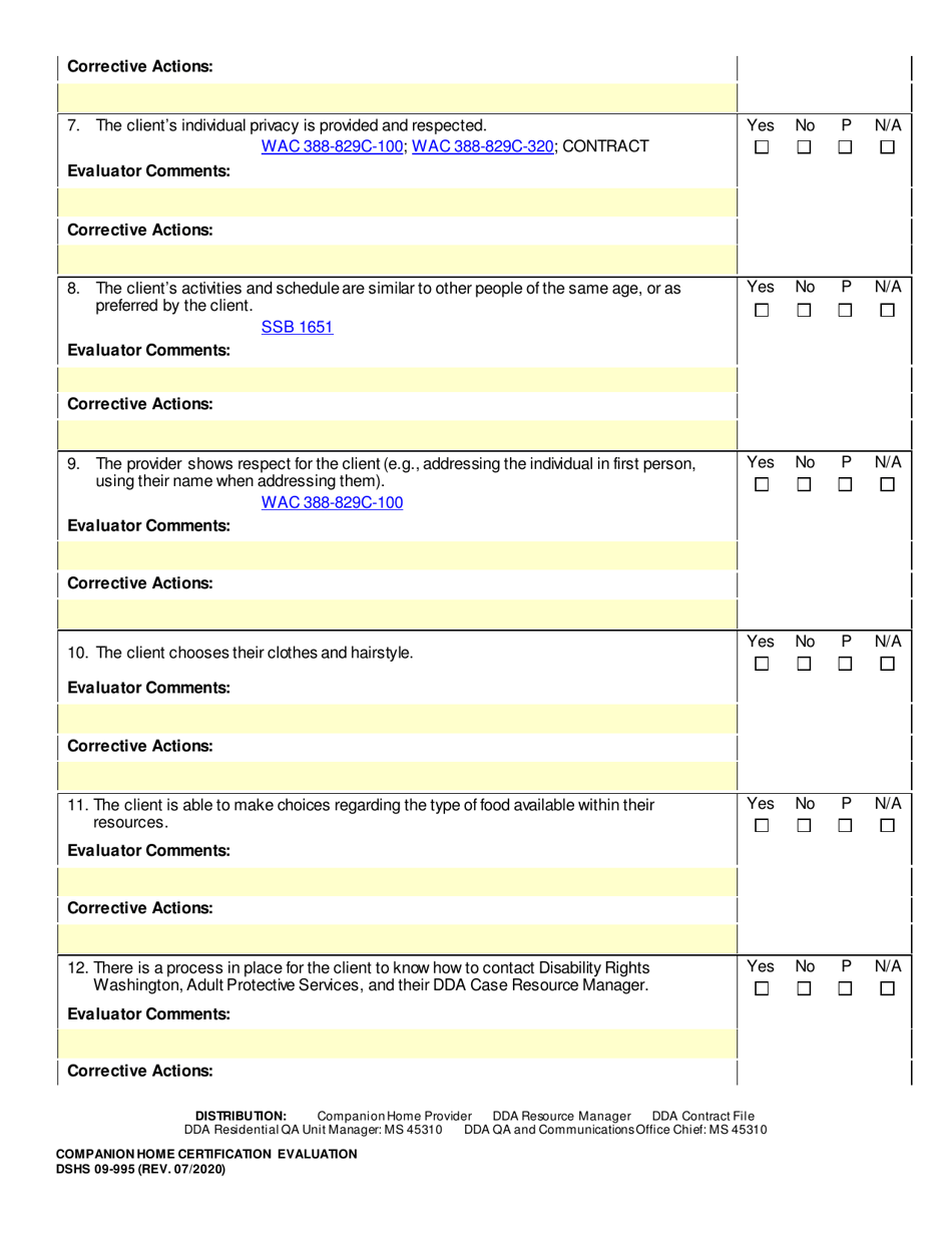 DSHS Form 09-995 Companion Home Certification Evaluation - Washington, Page 22