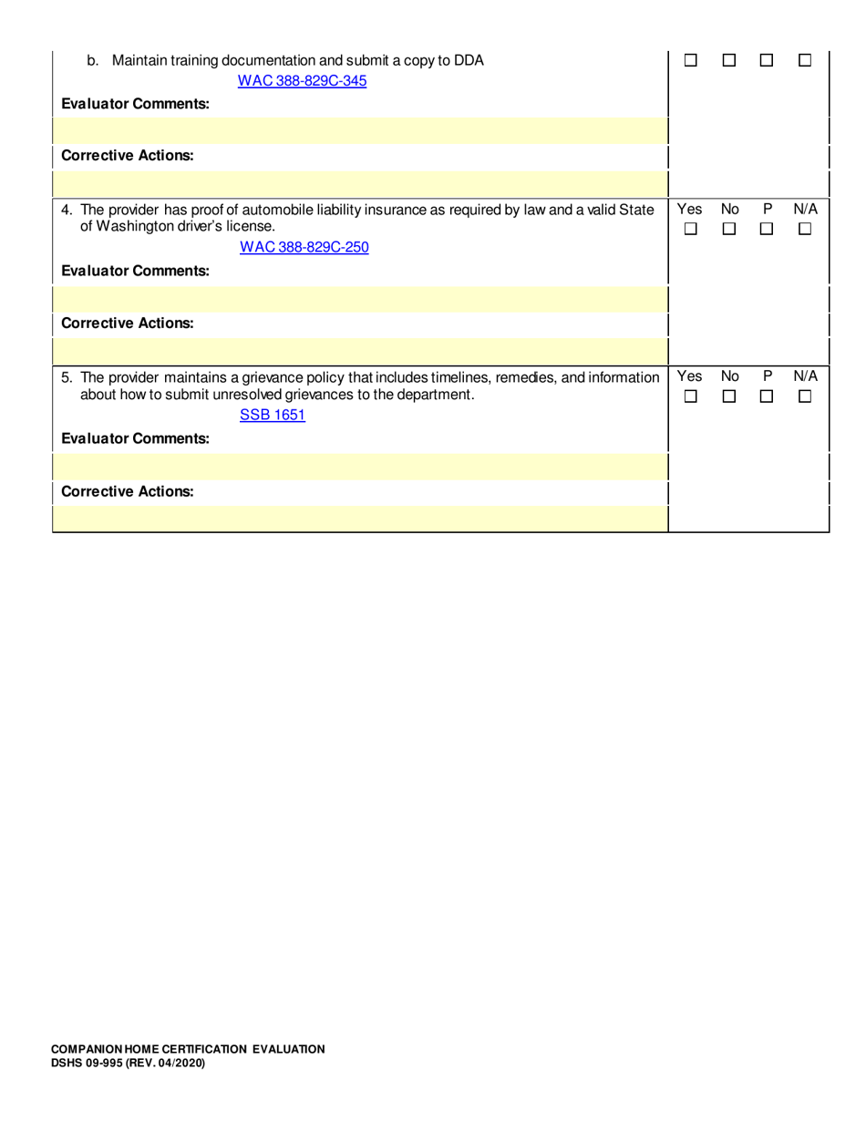 DSHS Form 09-995 Companion Home Certification Evaluation - Washington, Page 3