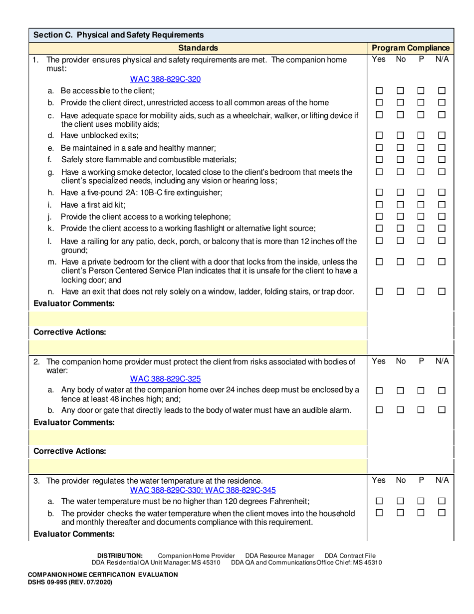 DSHS Form 09-995 Companion Home Certification Evaluation - Washington, Page 5