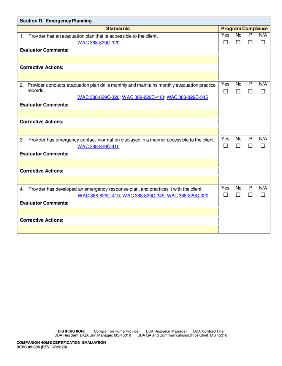 DSHS Form 09-995 Companion Home Certification Evaluation - Washington, Page 7