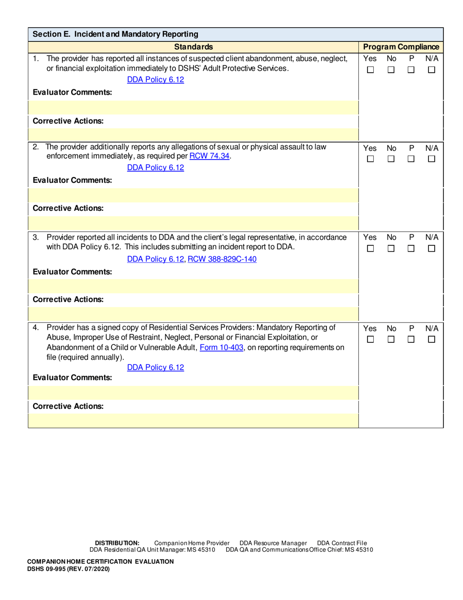 DSHS Form 09-995 Companion Home Certification Evaluation - Washington, Page 8