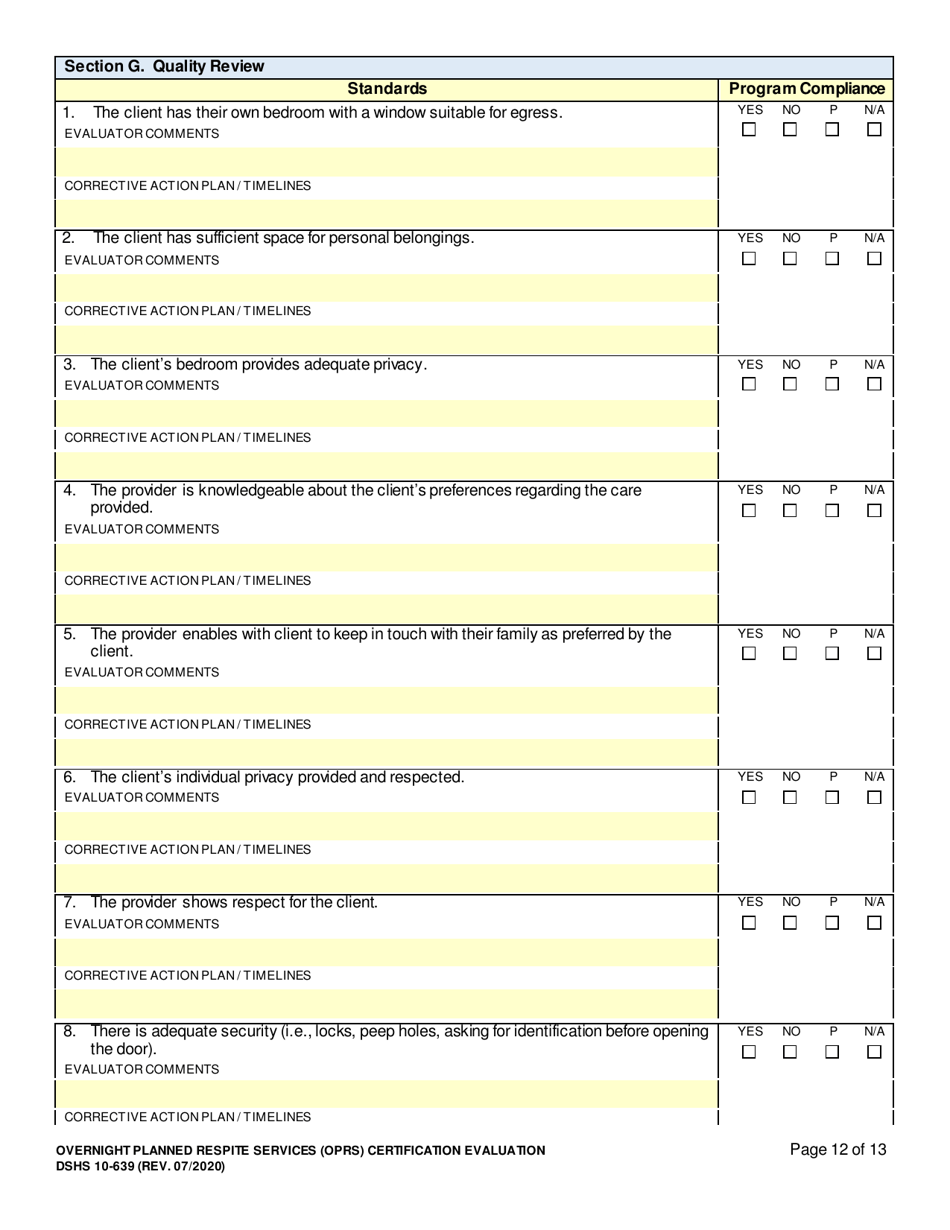 DSHS Form 10-639 Overnight Planned Respite Services (Oprs) Certification Evaluation - Washington, Page 12
