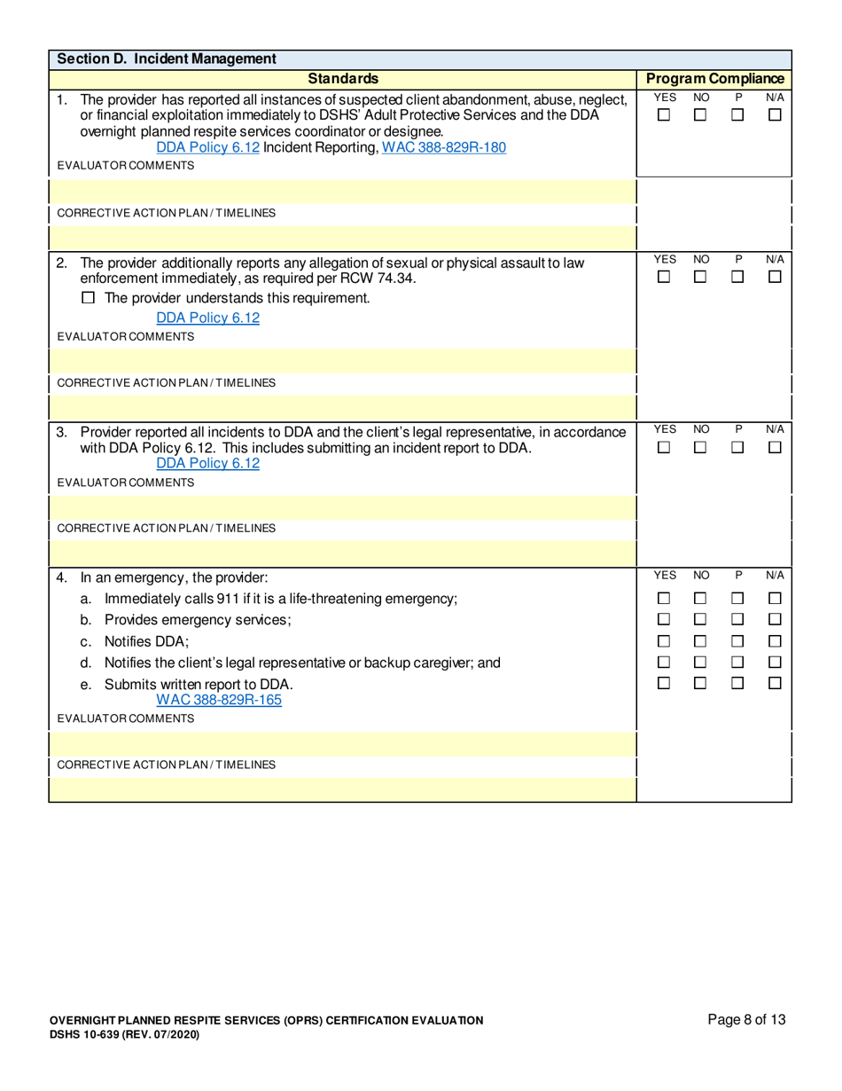 DSHS Form 10-639 Overnight Planned Respite Services (Oprs) Certification Evaluation - Washington, Page 8