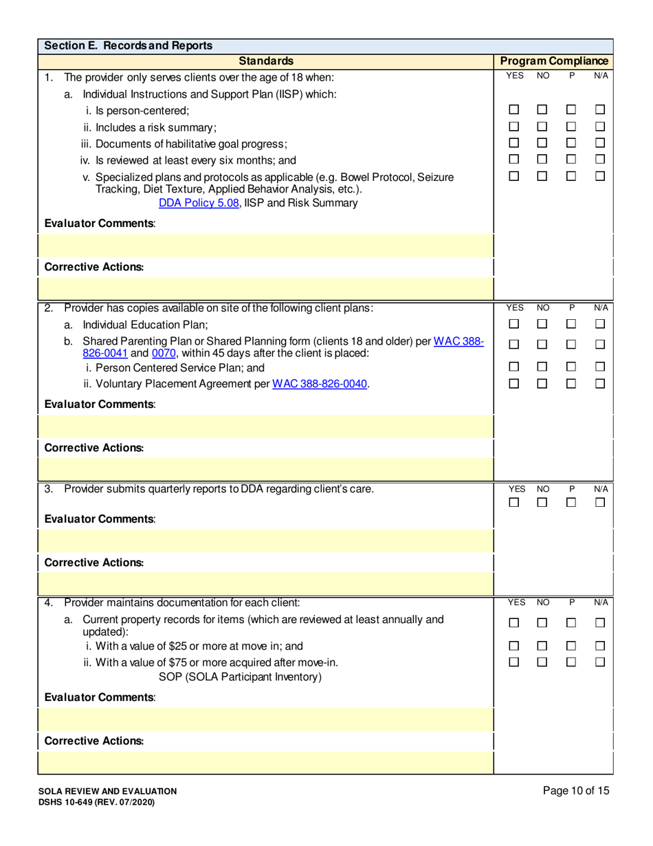 DSHS Form 10-649 Childrens State Operated Living Alternatives (Sola) Certificationevaluation - Washington, Page 10