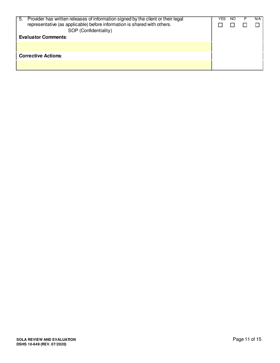 DSHS Form 10-649 Childrens State Operated Living Alternatives (Sola) Certificationevaluation - Washington, Page 11