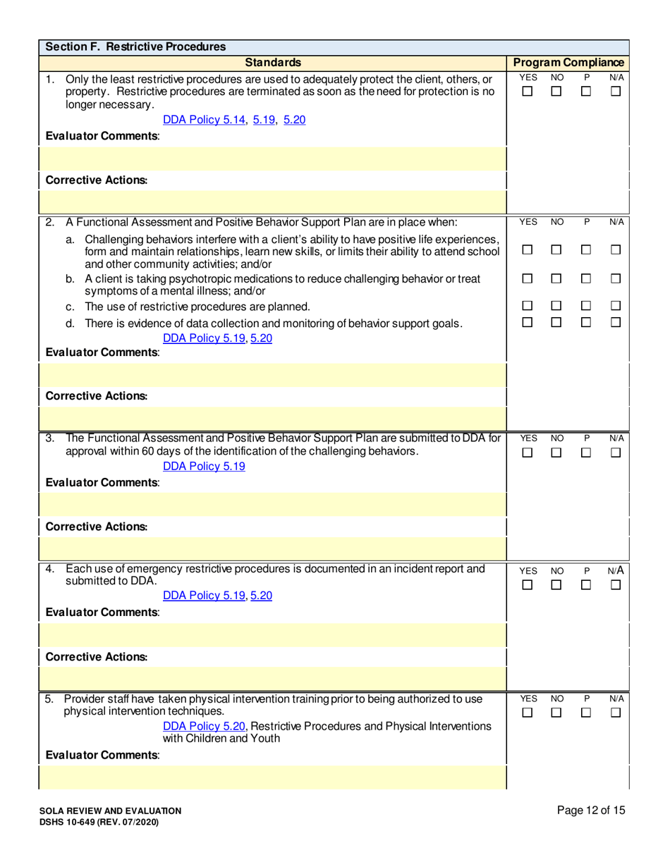 DSHS Form 10-649 Childrens State Operated Living Alternatives (Sola) Certificationevaluation - Washington, Page 12