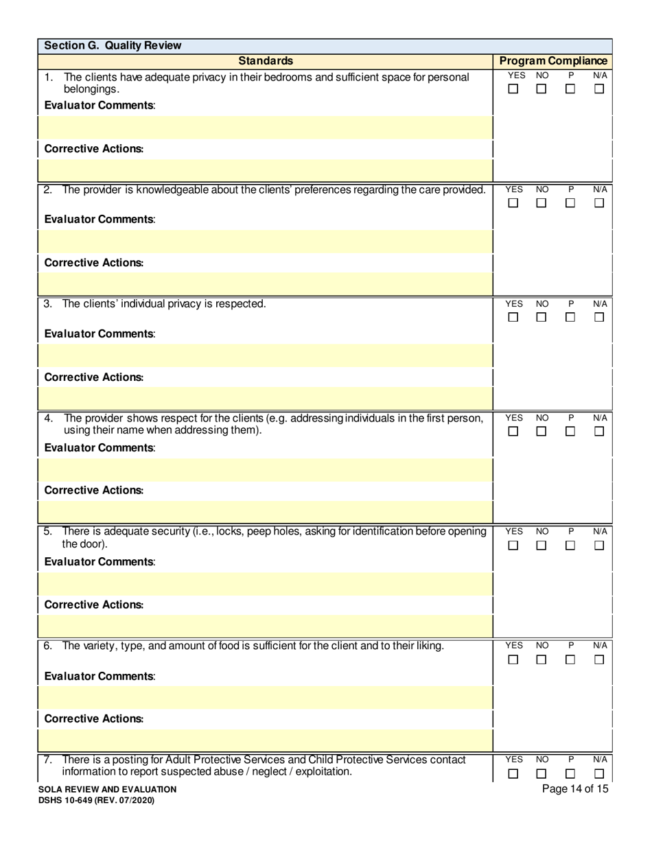 DSHS Form 10-649 Childrens State Operated Living Alternatives (Sola) Certificationevaluation - Washington, Page 14