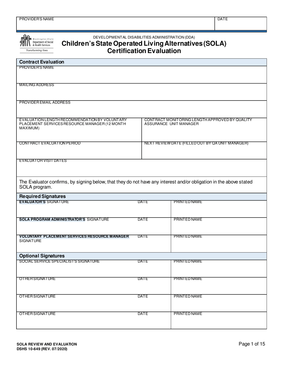 DSHS Form 10-649 Childrens State Operated Living Alternatives (Sola) Certificationevaluation - Washington, Page 1