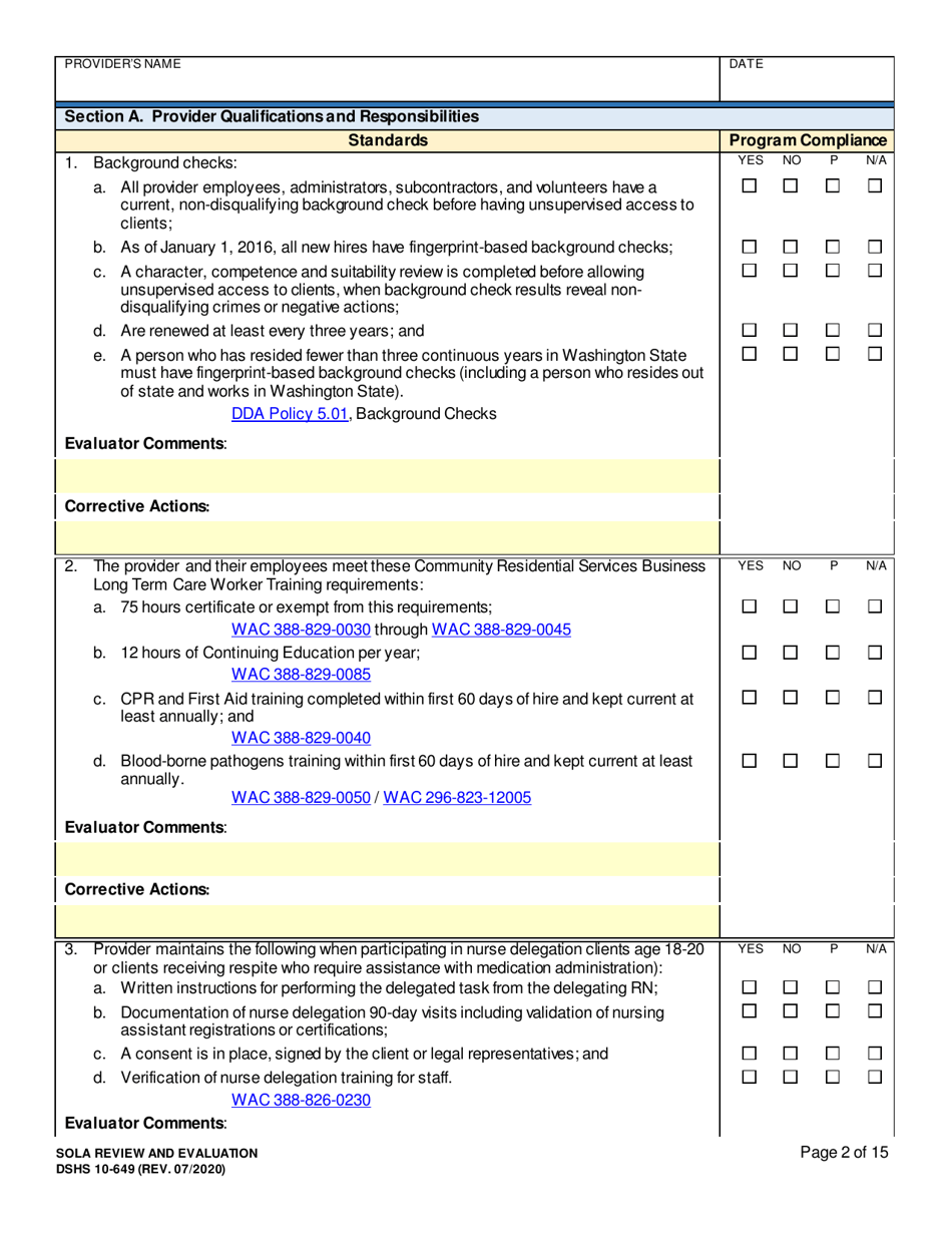 DSHS Form 10-649 Childrens State Operated Living Alternatives (Sola) Certificationevaluation - Washington, Page 2