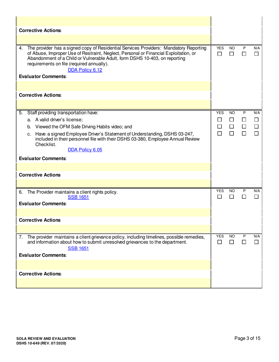 DSHS Form 10-649 Childrens State Operated Living Alternatives (Sola) Certificationevaluation - Washington, Page 3
